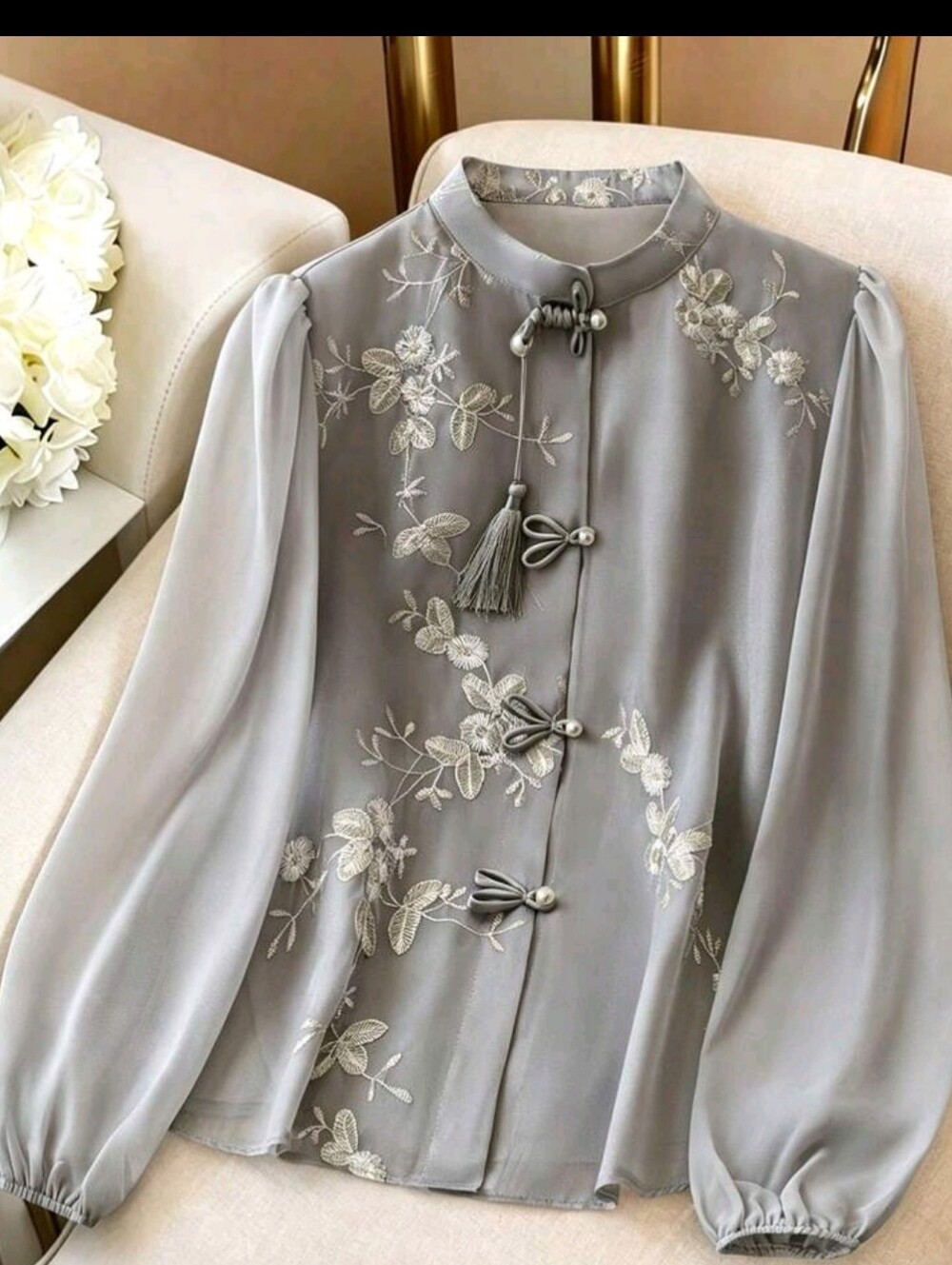 Floral Embroidered Stand Collar Button Up Elegant Long Sleeve Blouse Wom